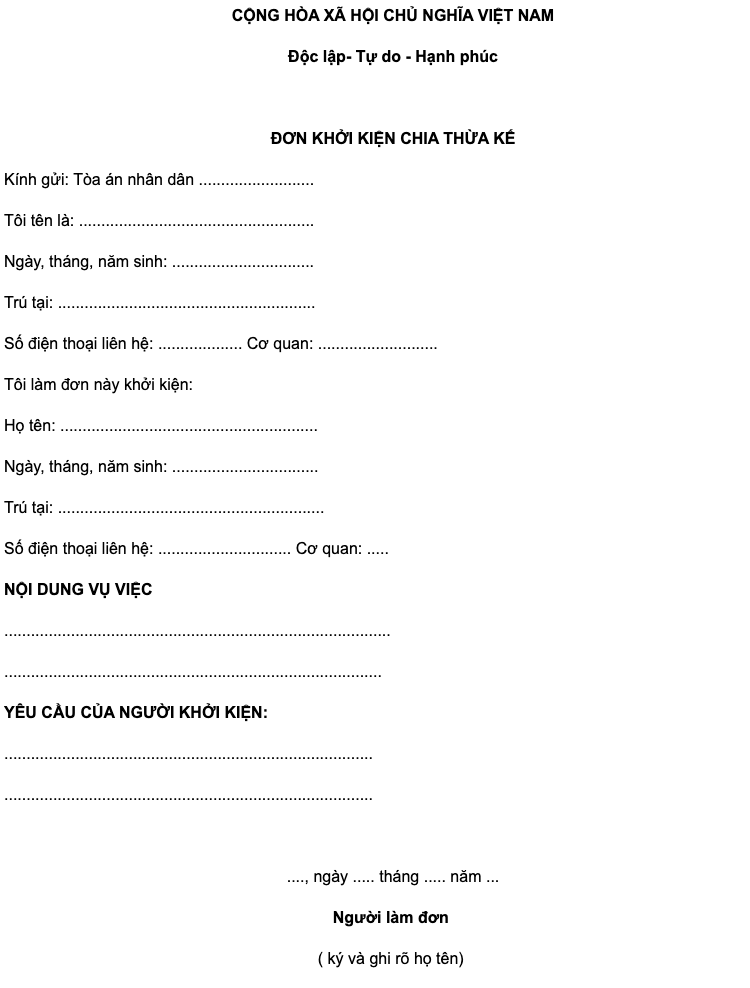 Mẫu đơn khởi kiện chia di sản thừa kế