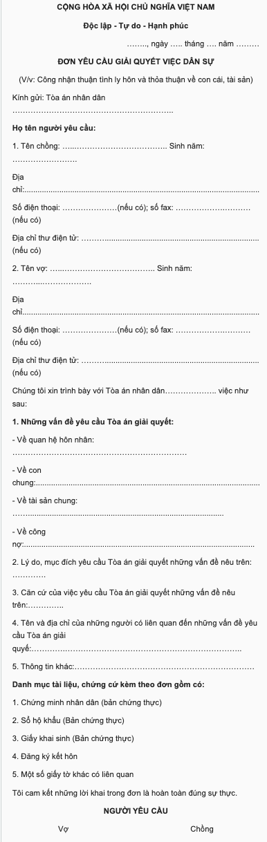 Mẫu đơn khởi kiện thuận tình ly hôn chuẩn mới nhất